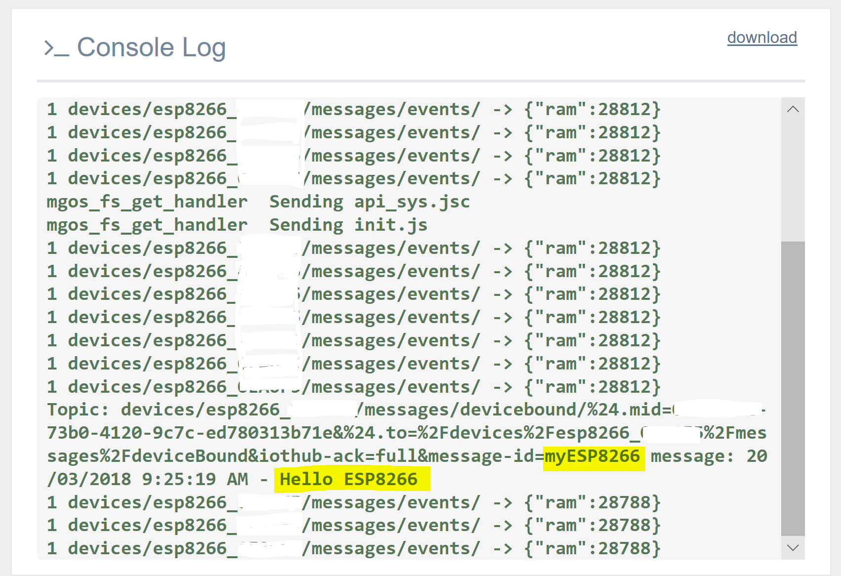 MongooseOS MQTT Azure IoT - Mongoose Device Log