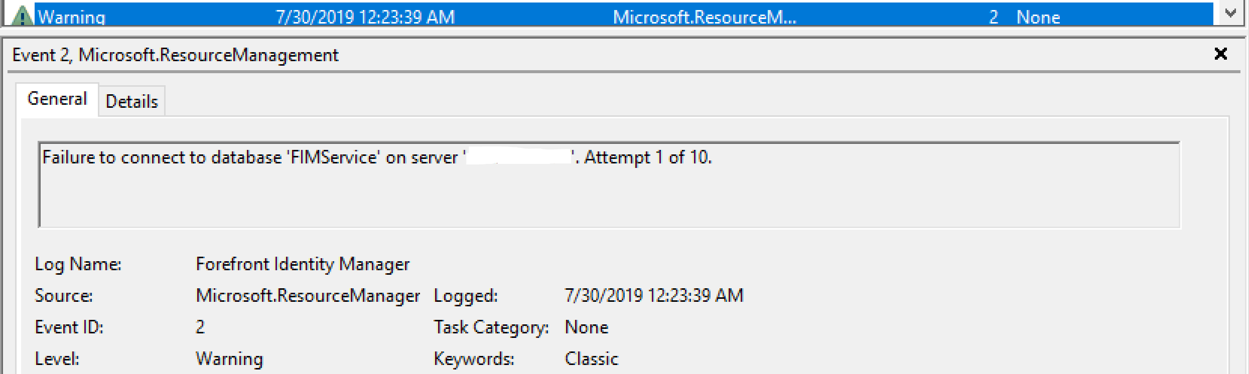 Failed to connect to FIM Service Database.PNG