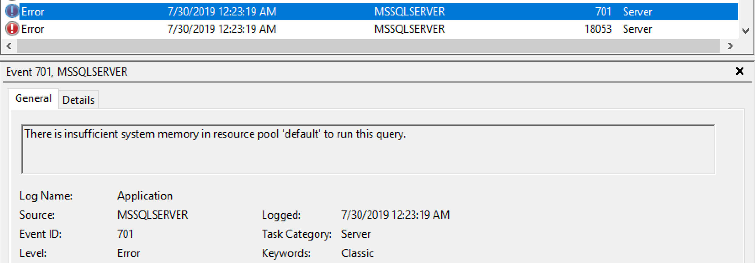 HResult 0x80040E14 - SQL Insufficient Memory in the Resource Pool