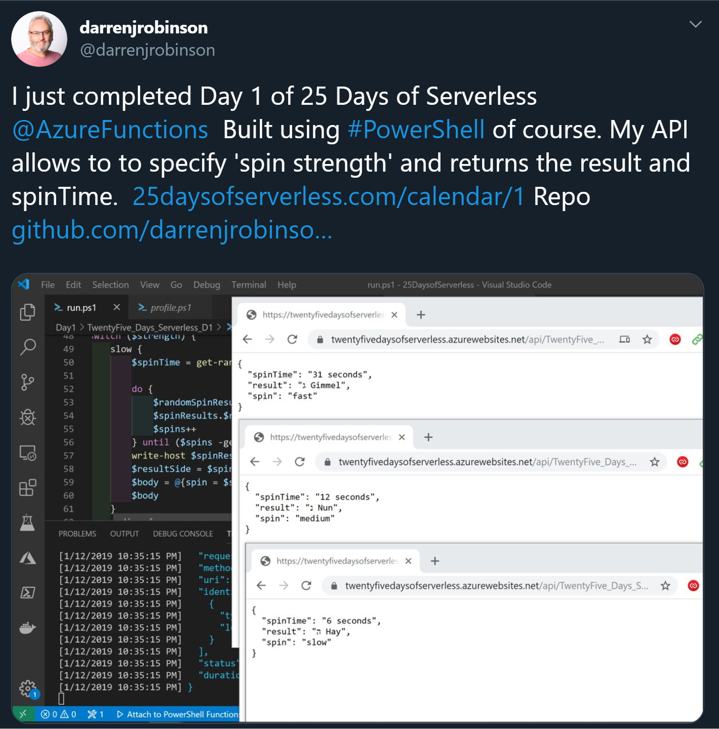 25 Days of Serverless - Challenge - Day 1 - Azure Function Rest API.PNG