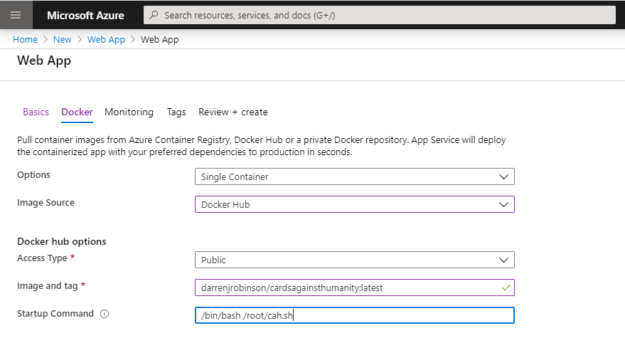 Create new Azure Web App - Configuration Docker