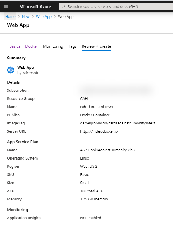 Create new Azure Web App - Configuration Review and Create