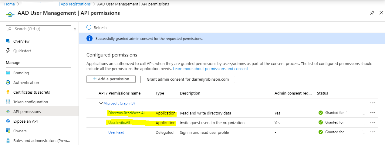 Microsoft Graph Application Permissions DirectoryReadWriteAll UserInviteAll