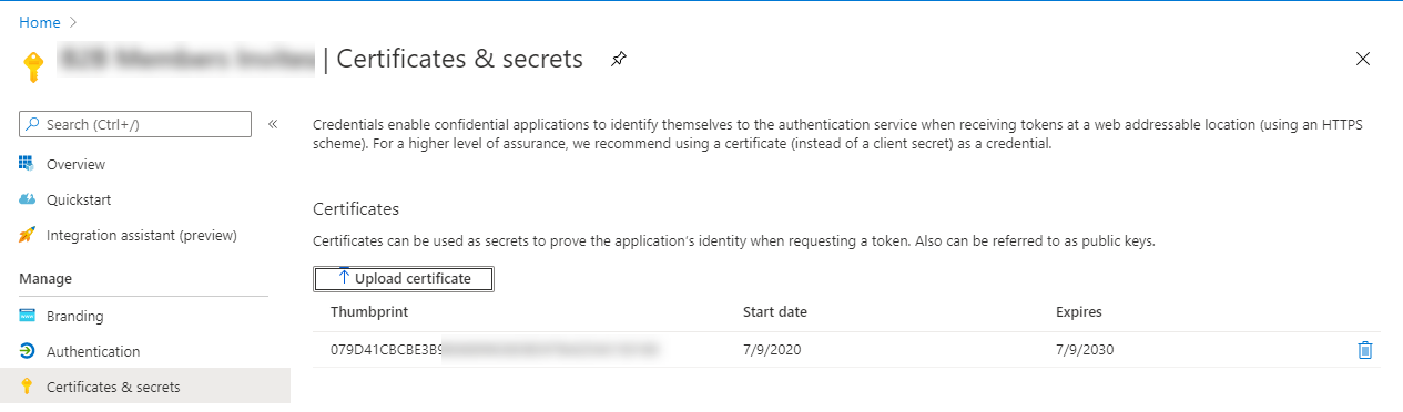 Certificate Configured on the Azure AD Registered Application