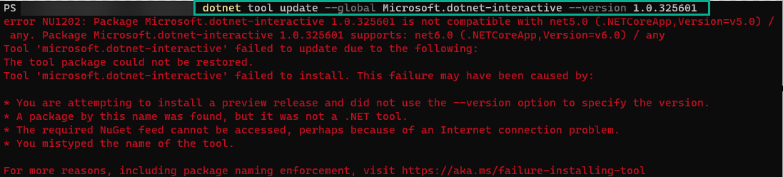 Microsoft.dotnet-interactive is not compatible with net5.0